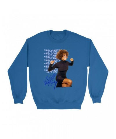 Whitney Houston Sweatshirt | I Will Always Love You Blue Repeating Image Distressed Sweatshirt $7.72 Sweatshirts