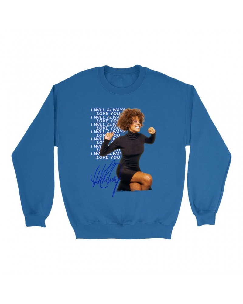 Whitney Houston Sweatshirt | I Will Always Love You Blue Repeating Image Distressed Sweatshirt $7.72 Sweatshirts