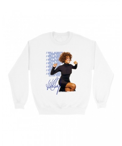 Whitney Houston Sweatshirt | I Will Always Love You Blue Repeating Image Distressed Sweatshirt $7.72 Sweatshirts