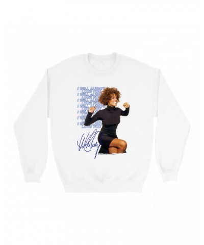 Whitney Houston Sweatshirt | I Will Always Love You Blue Repeating Image Distressed Sweatshirt $7.72 Sweatshirts